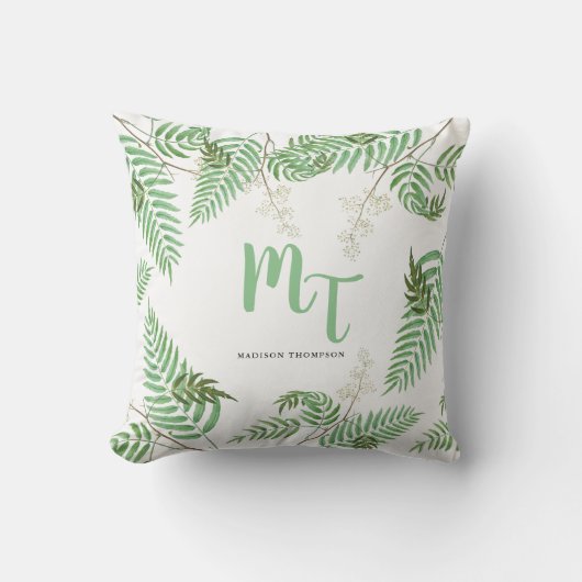シックなモダン水彩緑のスクリプトモノグラム アウトドアクッション (正面)