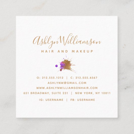 シックなモダン水色金ゴールドピンク紫（ばちゃばちゃ）跳ねる スクエア名刺 (裏面)