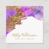 シックなモダン水色金ゴールドピンク紫（ばちゃばちゃ）跳ねる スクエア名刺 (正面)