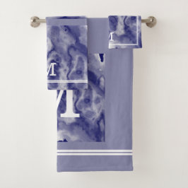 シックなモダン海軍と埃っぽいブルーマーブルモノグラム バスタオルセット