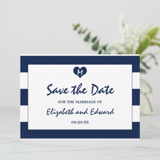 シックなモダン海軍と白い結婚式の日付を保存 セーブザデート (スタンド正面)