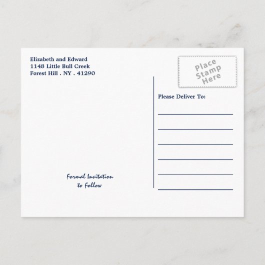 シックなモダン海軍と白い結婚式の日付を保存 案内ポストカード (裏面)