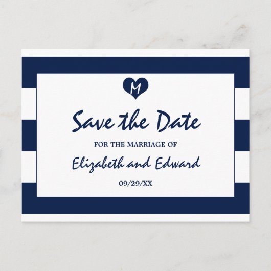 シックなモダン海軍と白い結婚式の日付を保存 案内ポストカード (正面)