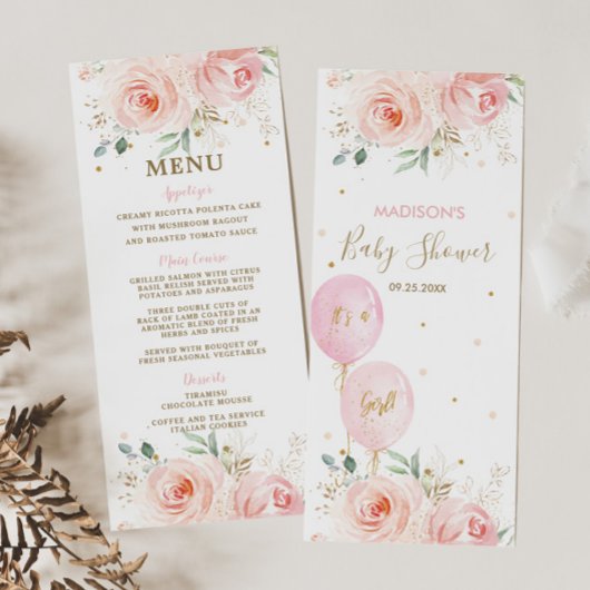 シックなモダン赤面フローラバルーン赤ちゃんシャワーメニュー プログラム