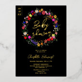 シックなモダンboho明るい野生の花の赤ちゃん 箔招待状 (正面)
