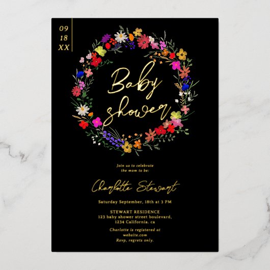 シックなモダンboho明るい野生の花の赤ちゃん 箔招待状 (正面)