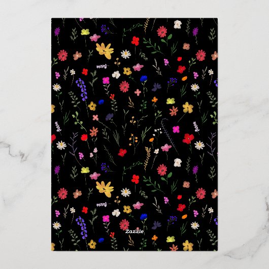 シックなモダンboho明るい野生の花の赤ちゃん 箔招待状 (裏面)