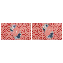 シックなモノグラムの赤いハートブルーの花をピンクに 枕カバー