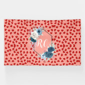 シックなモノグラムの赤いハートブルーの花をピンクに 横断幕 (横)