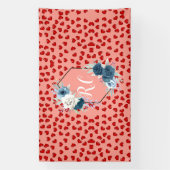 シックなモノグラムの赤いハートブルーの花をピンクに 横断幕 (縦)