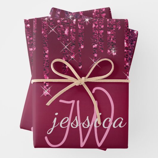 シックなモノグラムガーリーホットピンクグリッタードリップ ラッピングペーパーシート (インサイチュ)