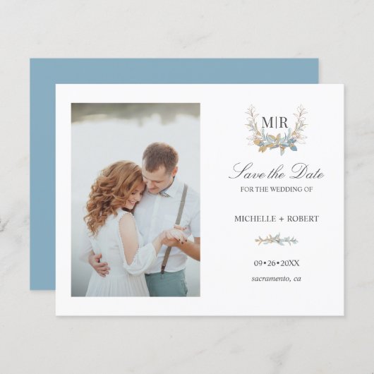 シックなモノグラムクレストフォトウェディング日付を保存 (正面/裏面)