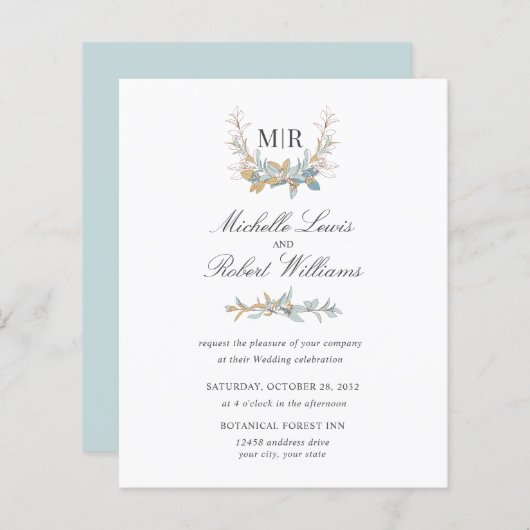 シックなモノグラムクレスト金ゴールドとブルーフローラ結婚ズ (正面/裏面)