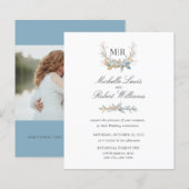 シックなモノグラムクレスト金ゴールドブルーフローラフォト結婚ズ (正面/裏面)