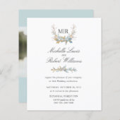 シックなモノグラムクレスト金ゴールドブルーフローラフォト結婚ズ (正面/裏面)