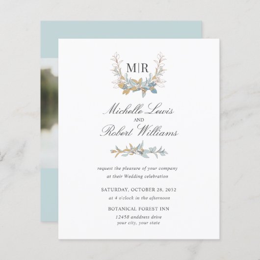 シックなモノグラムクレスト金ゴールドブルーフローラフォト結婚ズ (正面/裏面)