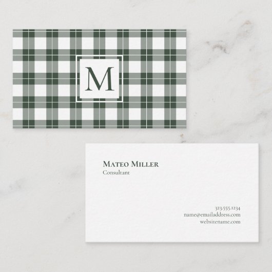 シックなモノグラムグリーンとホワイトプレイドパターン 名刺 (正面/裏面)