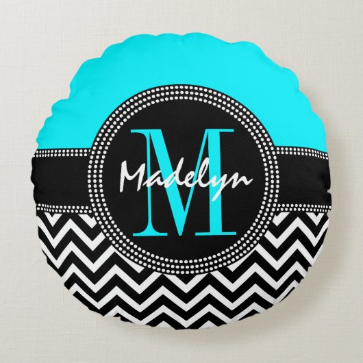 シックなモノグラムシェブロン- MはMadelynのためです ラウンドクッション (正面)