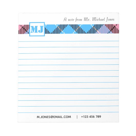 シックなモノグラムスクリプト名プレイドプロフェッショナルライン ノートパッド (正面)