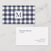 シックなモノグラムネイビーブルーとホワイトプレイドパターン 名刺 (正面/裏面)