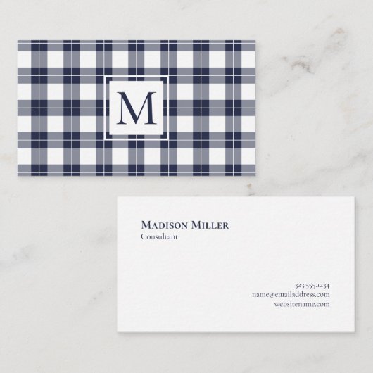 シックなモノグラムネイビーブルーとホワイトプレイドパターン 名刺 (正面/裏面)