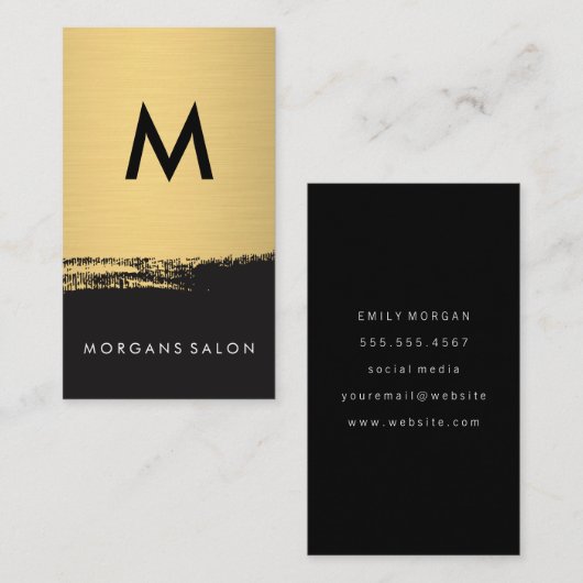 シックなモノグラムフェイクメタリック金ゴールドブラシ付きブラック 名刺 (正面/裏面)