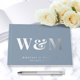 シックなモノグラムフォトダスティブルー結婚ズ ゲストブック