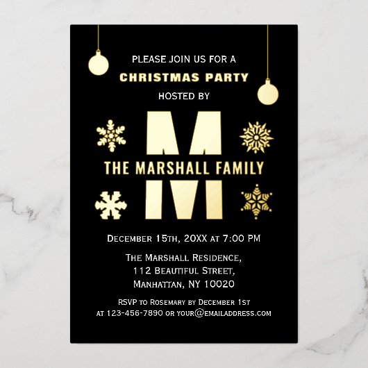 シックなモノグラムホリデーパーティメリークリスマスボール 箔招待状 (正面)