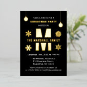 シックなモノグラムホリデーパーティメリークリスマスボール 箔招待状 (立ち正面)
