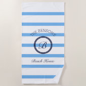 シックなモノグラムライトブルーストライプファミリー名 ビーチタオル (正面)