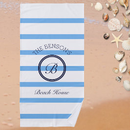 シックなモノグラムライトブルーストライプファミリー名 ビーチタオル