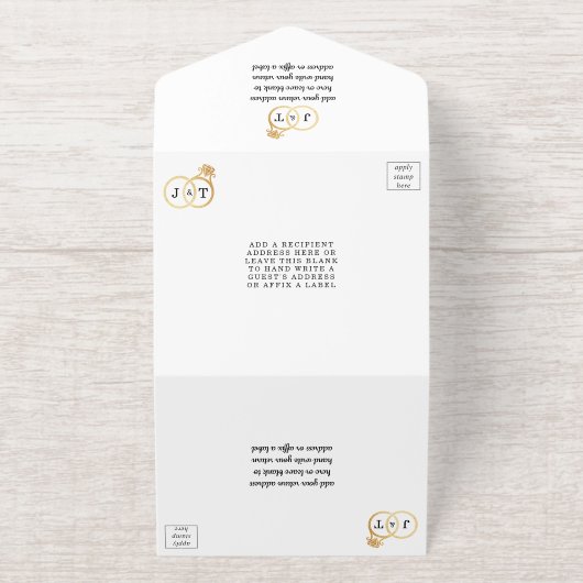シックなモノグラム結婚のリングや輪ホイル実在プが押された オールインワン招待状 (外側)