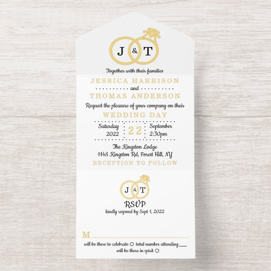 シックなモノグラム結婚のリングや輪ホイル実在プが押された オールインワン招待状 (内側)