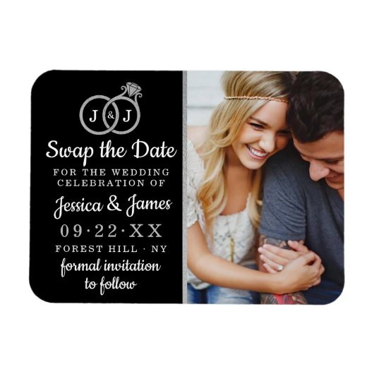 シックなモノグラム結婚のリングや輪救または日付のスワップ マグネット (横)