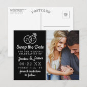 シックなモノグラム結婚のリングや輪救または日付のスワップ 案内ポストカード (正面/裏面)