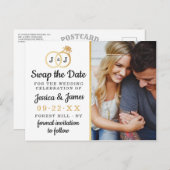 シックなモノグラム結婚のリングや輪救または日付のスワップ 案内ポストカード (正面/裏面)