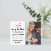 シックなモノグラム結婚のリングや輪救または日付のスワップ 案内ポストカード (スタンド正面)