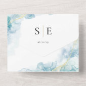 シックなモノグラムQRコードブルーウォーター結婚カラー オールインワン招待状 (裏面)