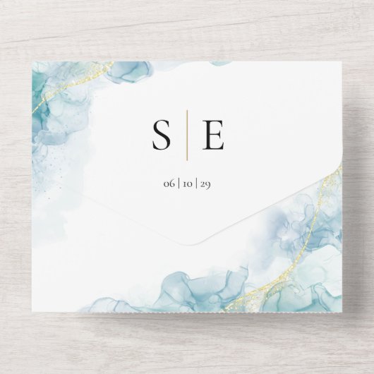 シックなモノグラムQRコードブルーウォーター結婚カラー オールインワン招待状 (裏面)