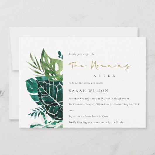 シックなモンステラグリーンファーンモーニングアフター招待状 サンキューカード (正面)