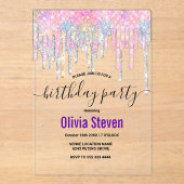 シックなユニコーンドリップスグリッターモノグラム誕生日 アクリル招待状 (正面)
