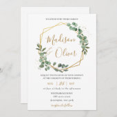 シックなユーカリプタスグリーンリー金ゴールドジオメトリック結婚ス 招待状 (正面/裏面)