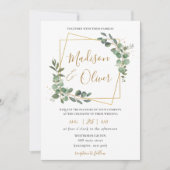 シックなユーカリプタスグリーンリー金ゴールドジオメトリック結婚ス 招待状 (正面)