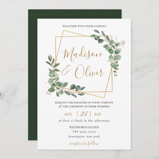 シックなユーカリプタスグリーンリー金ゴールドジオメトリック結婚ス 招待状 (正面/裏面)