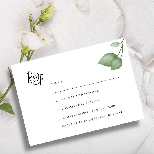 シックなユーカリプタスブラック&ホワイトミニマリスト結婚ズ 出欠カード