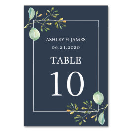 シックなユーカリプトゥスグリーンネイビーブルーボタニカル結婚ズ テーブルナンバー
