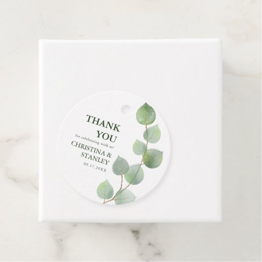 シックなユーカリプトゥスグリーンリー&金ゴールドサンキューユー フェイバータグ (インサイチュ)