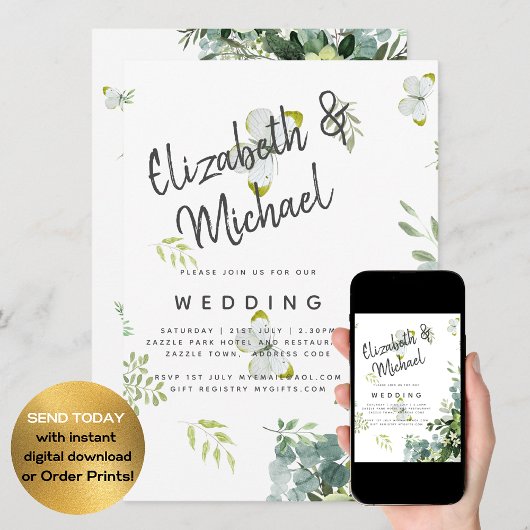 シックなユーカリ葉グリーズ・エメ結婚ラルド 招待状