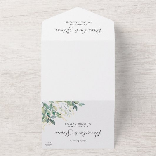 シックなユーカリ金ゴールド結婚フレームとRSVP オールインワン招待状 (外側)