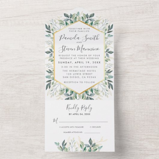 シックなユーカリ金ゴールド結婚フレームとRSVP オールインワン招待状 (内側)